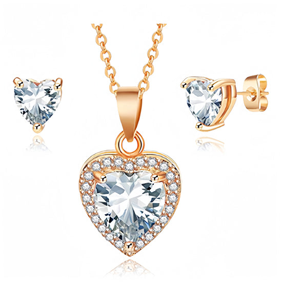 Anting Kalung Liontin Hati Halo Kristal Austria untuk Wanita Set Perhiasan Hypoallergenic Berlapis Emas 14K
