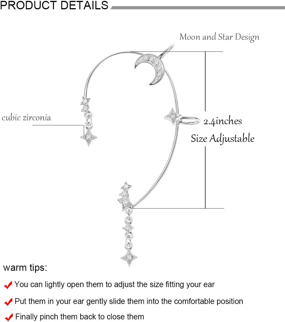 4PCS Moon Star Ear Cuffs Non Pierced Earrings for Women Clip on Earrings Set