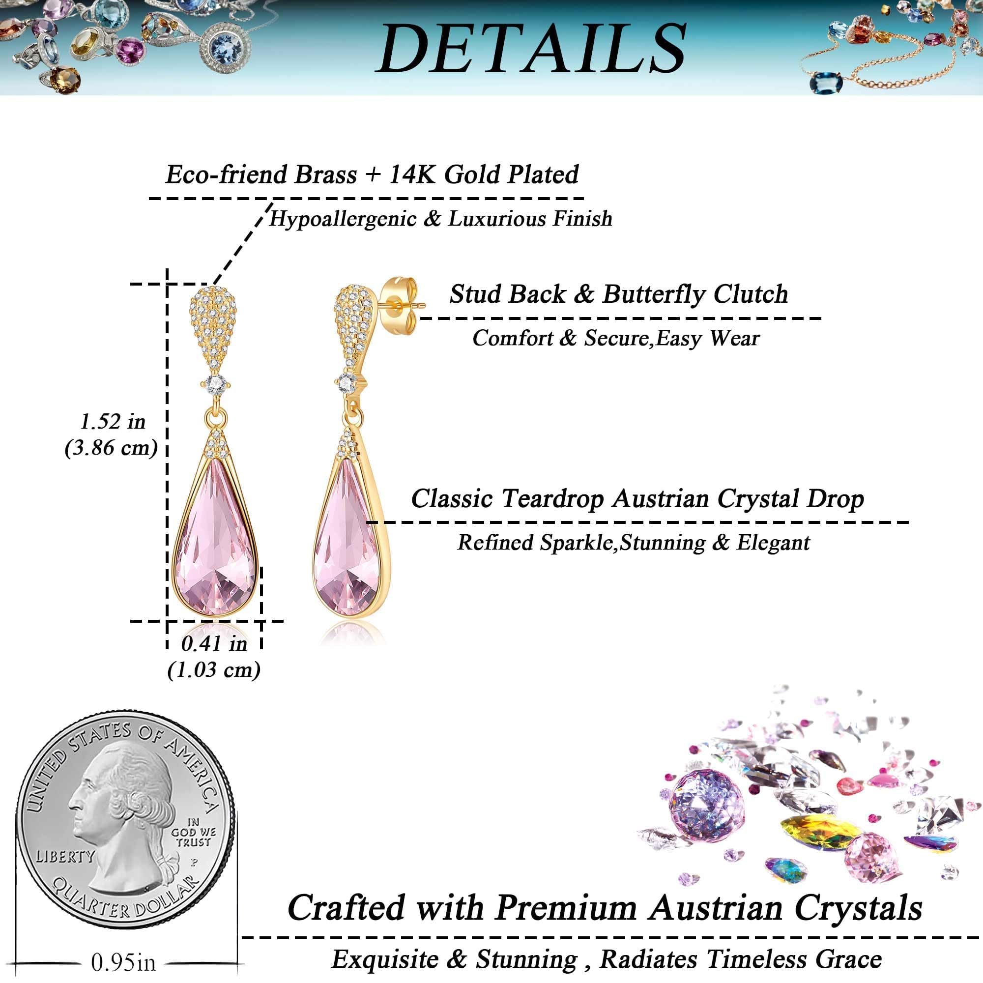 Austrian Crystal Teardrop Dangle Drop Earrings for Women 14K Gold Plated Hypoallergenic Jewelry Gift
