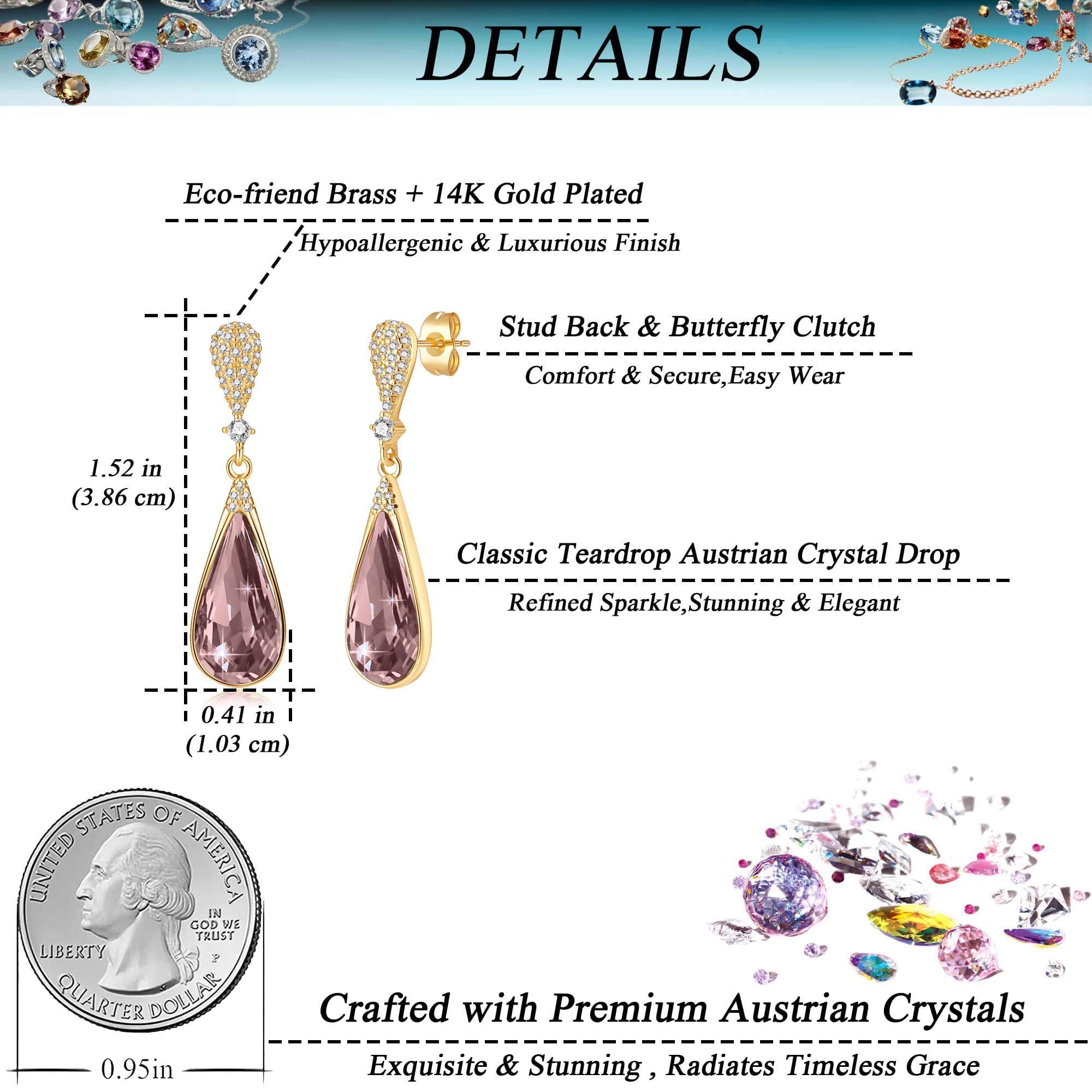 Austrian Crystal Teardrop Dangle Drop Earrings for Women 14K Gold Plated Hypoallergenic Jewelry Gift