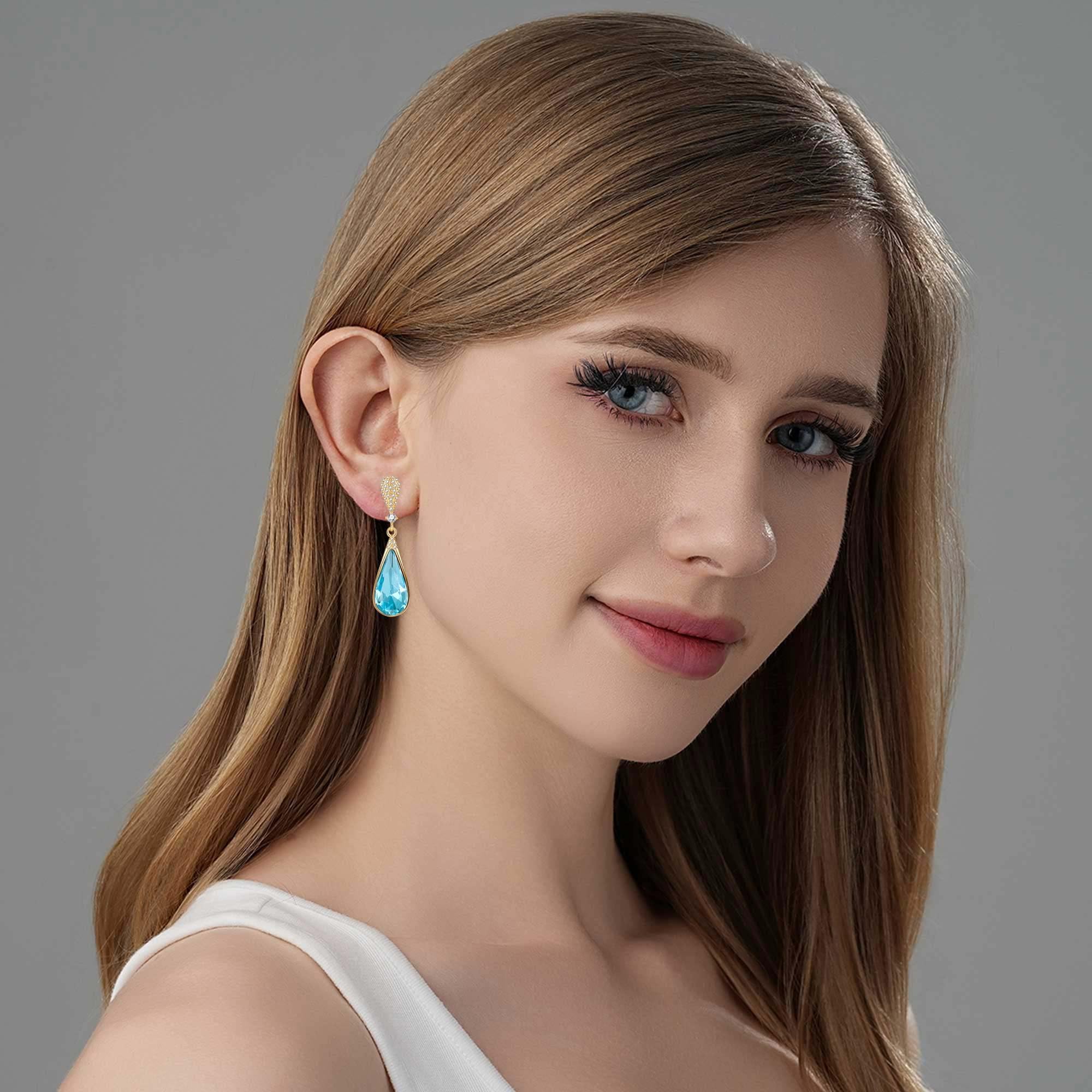 Austrian Crystal Teardrop Dangle Drop Earrings for Women 14K Gold Plated Hypoallergenic Jewelry Gift