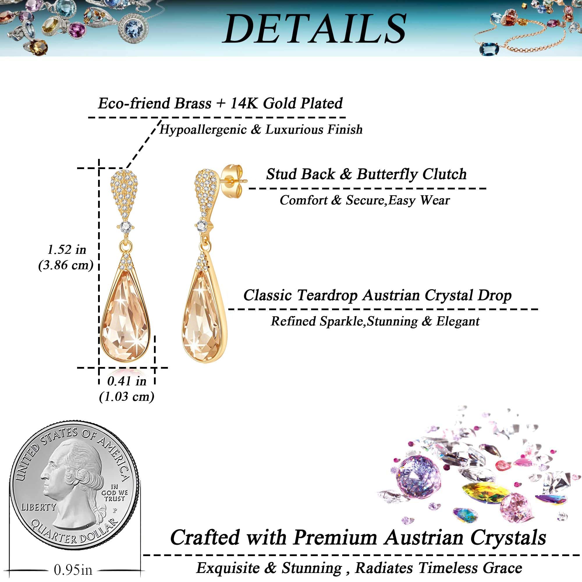 Austrian Crystal Teardrop Dangle Drop Earrings for Women 14K Gold Plated Hypoallergenic Jewelry Gift