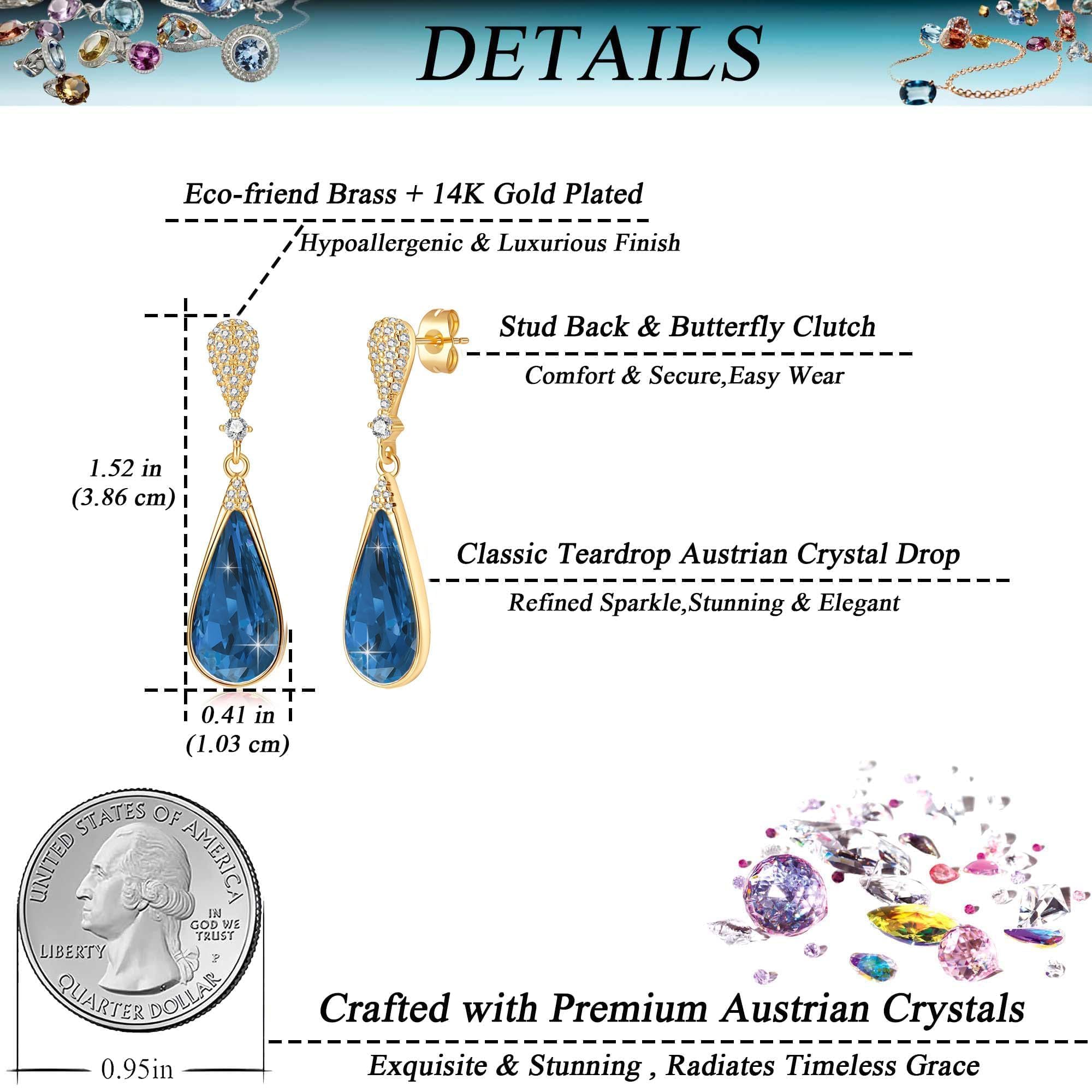 Austrian Crystal Teardrop Dangle Drop Earrings for Women 14K Gold Plated Hypoallergenic Jewelry Gift