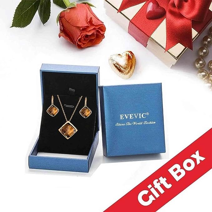 Anting Kalung Kristal Austria Persegi untuk Wanita Set Perhiasan Hypoallergenic Berlapis Emas 18K Fashion