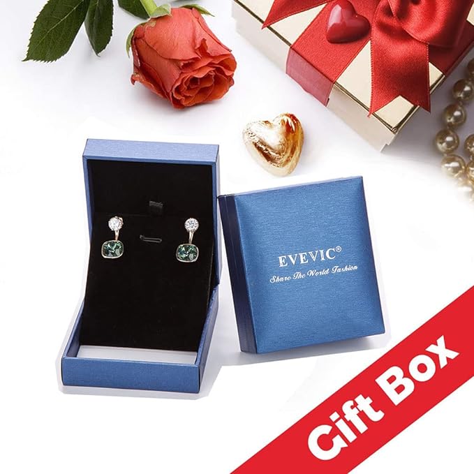 Anting Menjuntai Bantalan Persegi 2 In 1 Depan Belakang Kristal Austria untuk Wanita Jaket Anting Hypoallergenic Berlapis Emas 14K