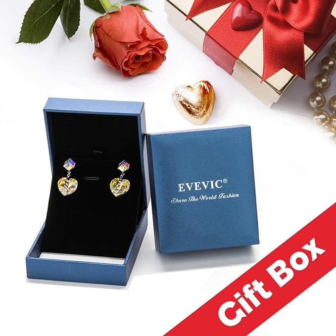 Cube Austrian Crystal Heart Drop Dangle Earrings - 925 Sterling Silver Stud Earrings Hypoallergenic