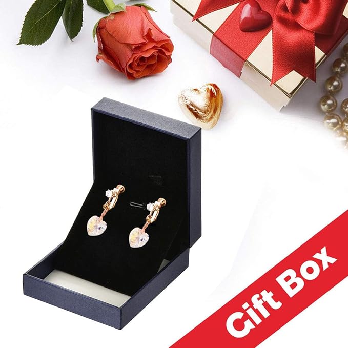 Anting Menjuntai Klip Tetesan Hati Kristal Austria untuk Wanita Perhiasan Hypoallergenic Berlapis Emas Mawar 14K Tanpa Tindik