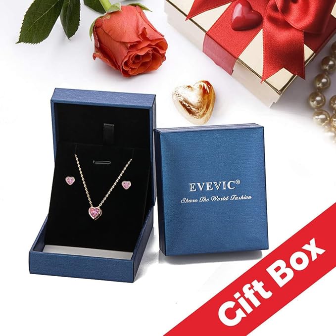 Austrian Crystal Heart Pendant Necklace and Earrings Set for Women - 14K Gold Plated Hypoallergenic Jewelry Set