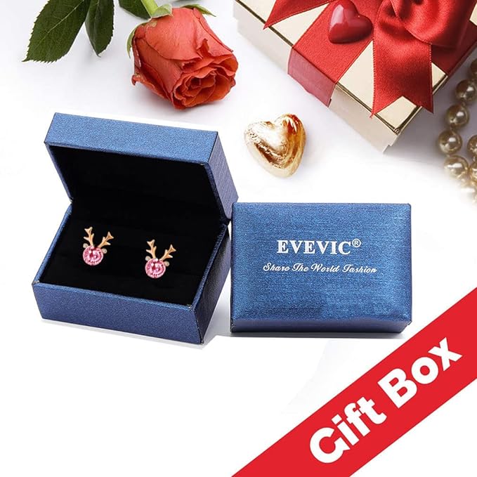 Austrian Crystal Christmas Deer Stud Earrings for Women 14K Gold Plated Hypoallergenic Jewelry