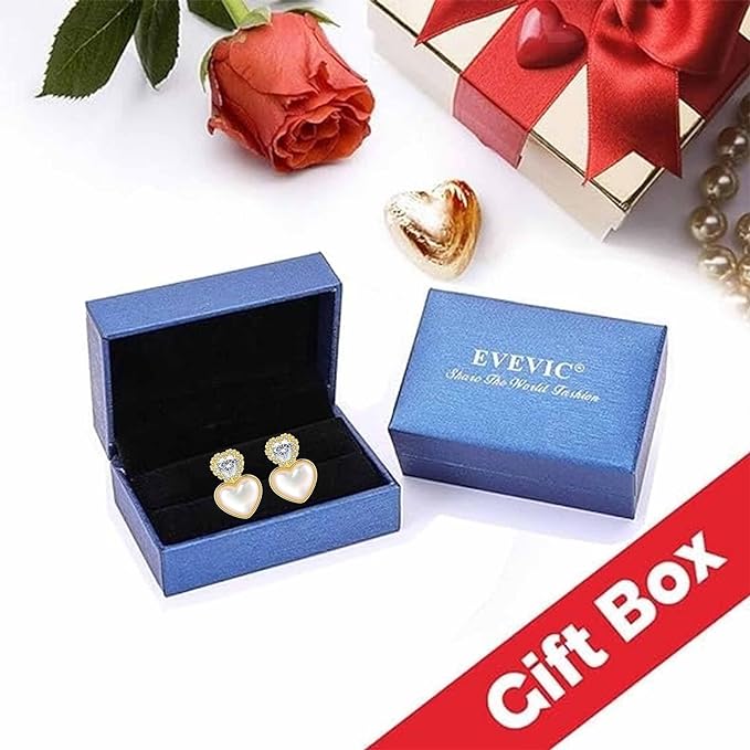 Austrian Crystal Heart Pearl Stud Earrings for Women 14K Gold Plated Hypoallergenic Freshwater Cultured Pearl Jewelry Gifts