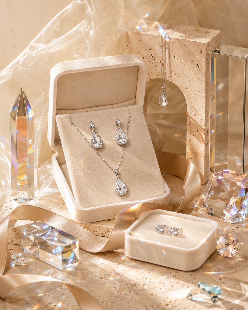 Coordinated clear crystal necklace and earrings presented as a jewelry set