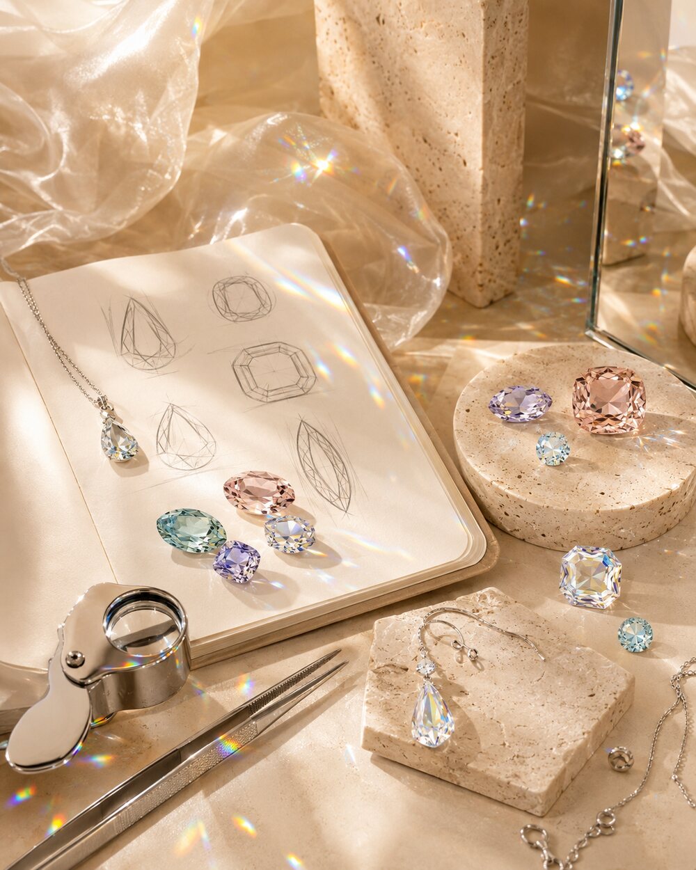 Crystal color and cut studies with faceted stones in prismatic light
