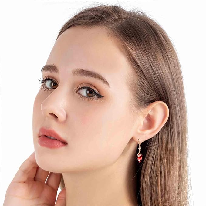 Trendy Austrian Crystal Rhombus Drop Huggie Dangle Earrings - 14k Rose Gold Plated Hypoallergenic Jewelry