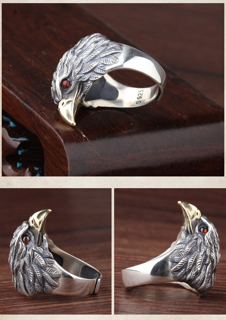 Unisex 925 Sterling Silver Ring - Adjustable Eagle Head Design - Vintage Style Statement Ring for Men and Women - Korean Fashion Trend