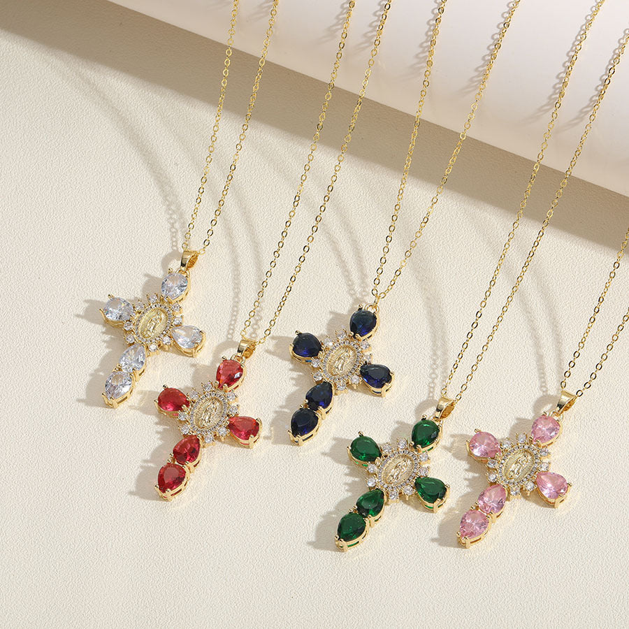 Religious Virgin Mary Cross Cubic Zirconia Pendant Necklaces for Women