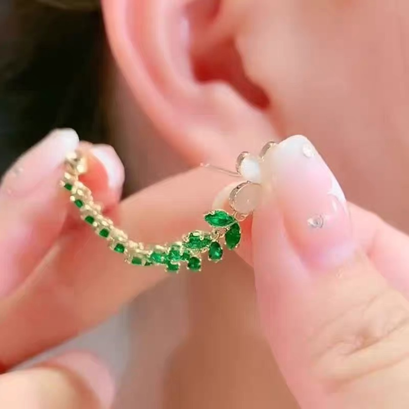 Green Leaf Vine Dangle Earrings with Floral Stud