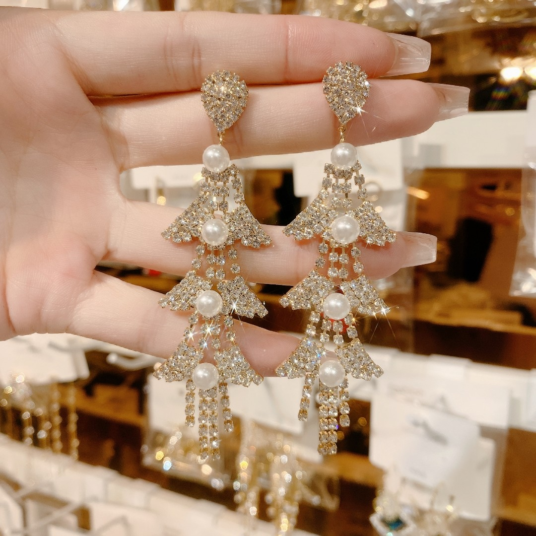 Sparkly Pearl Tassel Long Dangle Earrings for Women Jewelry Gifts