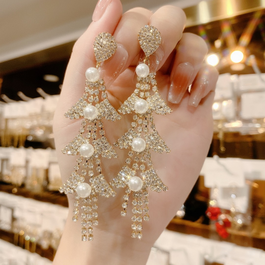 Sparkly Pearl Tassel Long Dangle Earrings for Women Jewelry Gifts