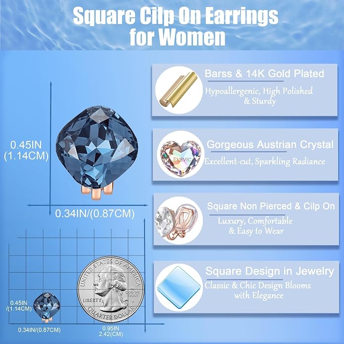 EVEVIC Square Austrian Crystal Non Pierced Clip On Earrings for Women
