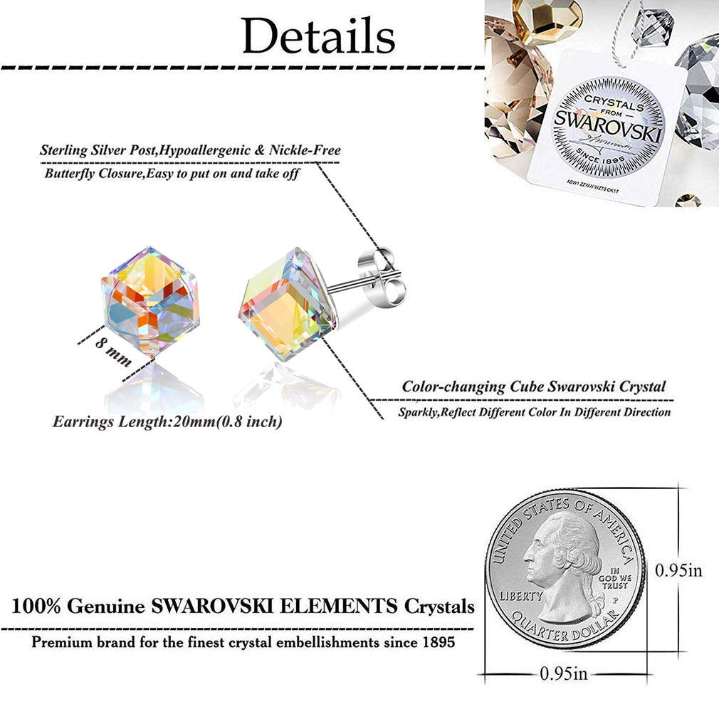 Cube Swarovski Crystal Drop Stud Earrings for Women Fashion S925 Sterling Silver Hypoallergenic Jewelry