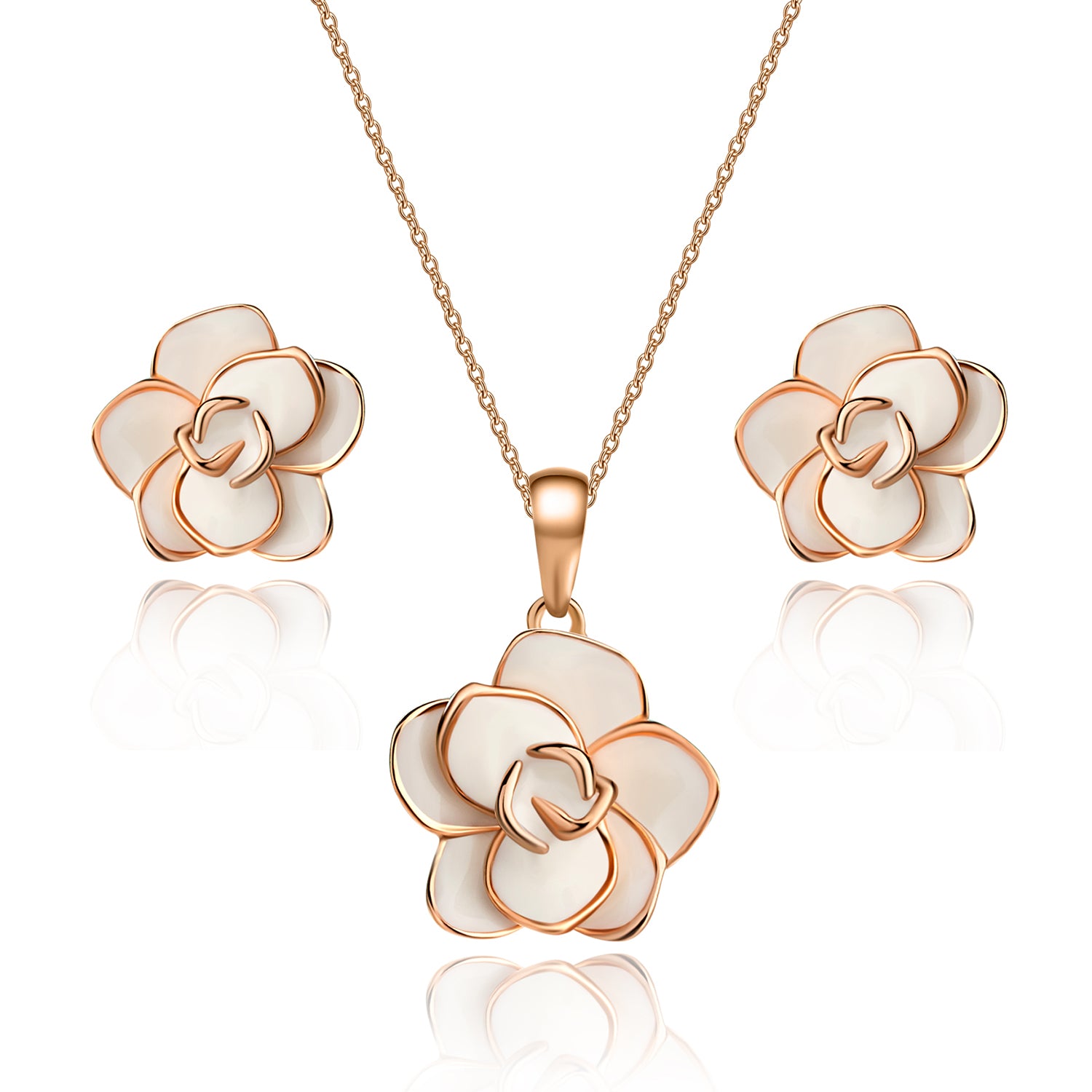 Rose Flower Stud Earrings & Necklace Set - 18K Gold Plated Hypoallergenic