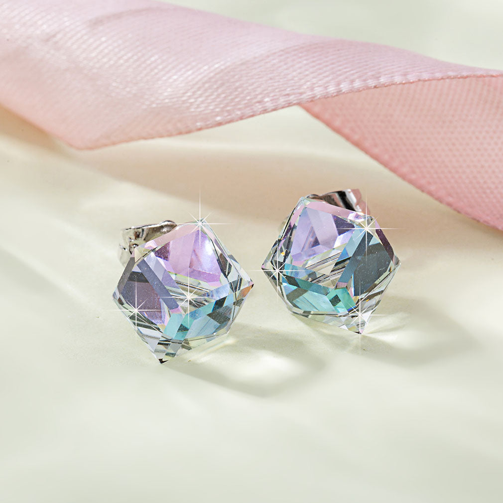 Cube Swarovski Crystal Drop Stud Earrings for Women Fashion S925 Sterling Silver Hypoallergenic Jewelry