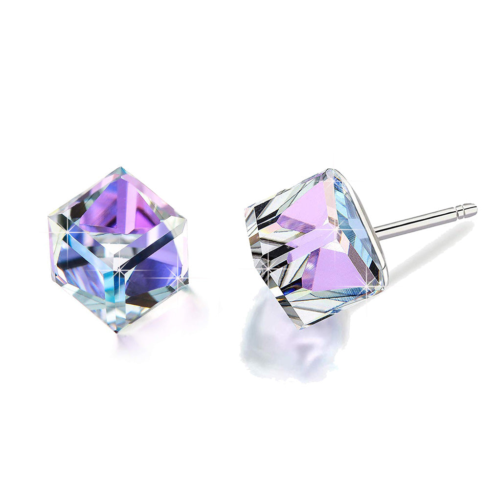 Cube Swarovski Crystal Drop Stud Earrings for Women Fashion S925 Sterling Silver Hypoallergenic Jewelry