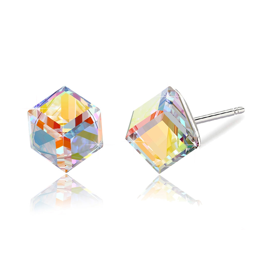 Cube Swarovski Crystal Drop Stud Earrings for Women Fashion S925 Sterling Silver Hypoallergenic Jewelry