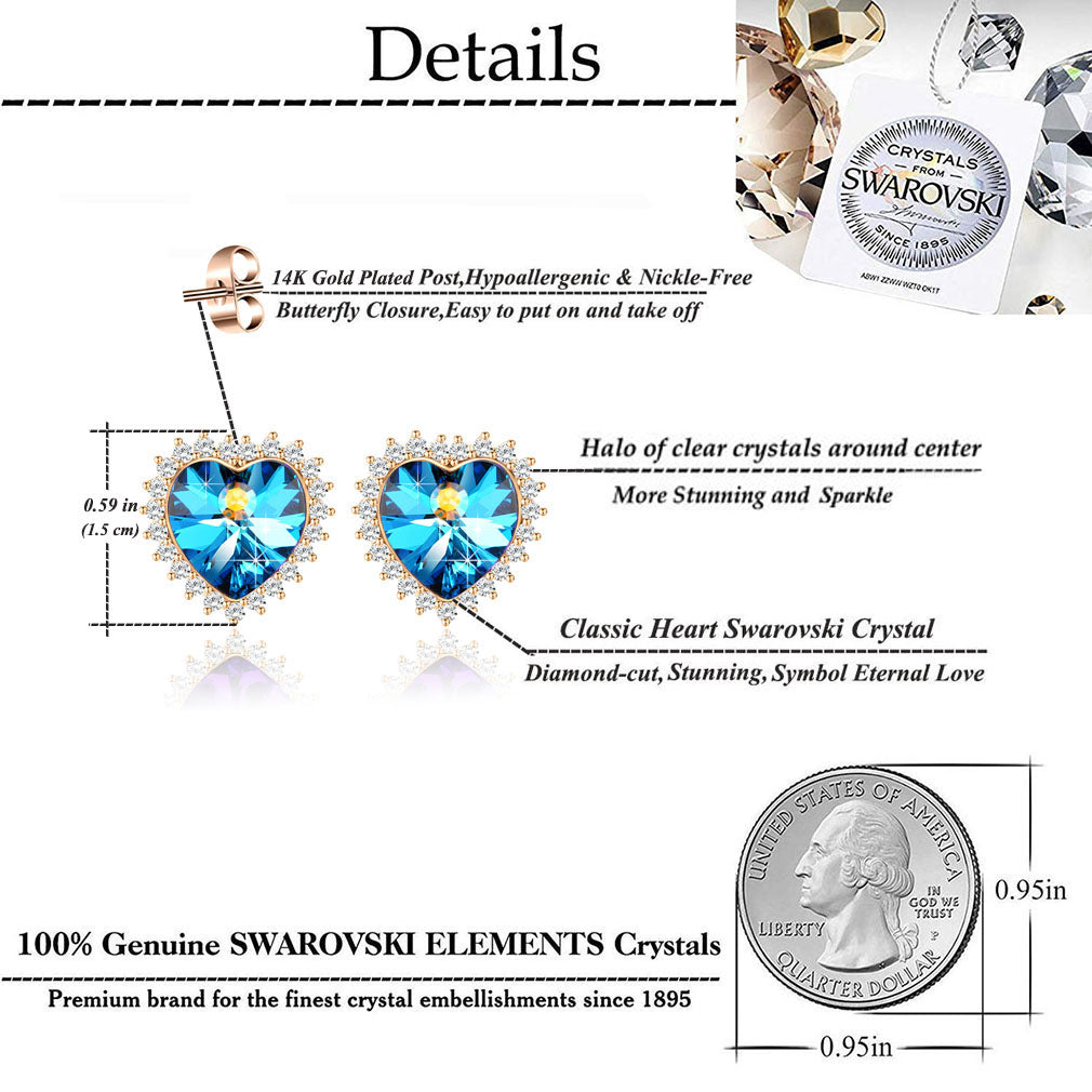 Love Heart Swarovski Crystal Drop Stud Earrings for Women 14K Rose Gold Plated Hypoallergenic Jewelry