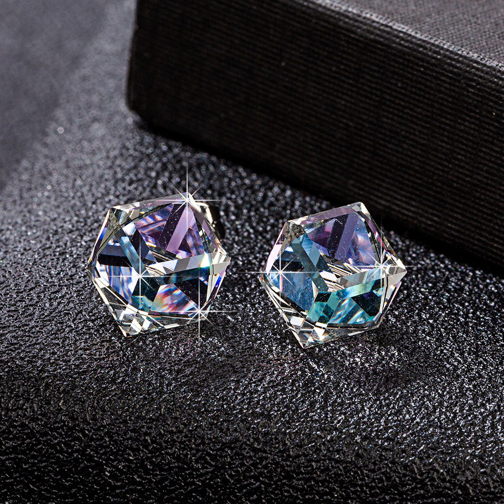 Cube Swarovski Crystal Drop Stud Earrings for Women Fashion S925 Sterling Silver Hypoallergenic Jewelry