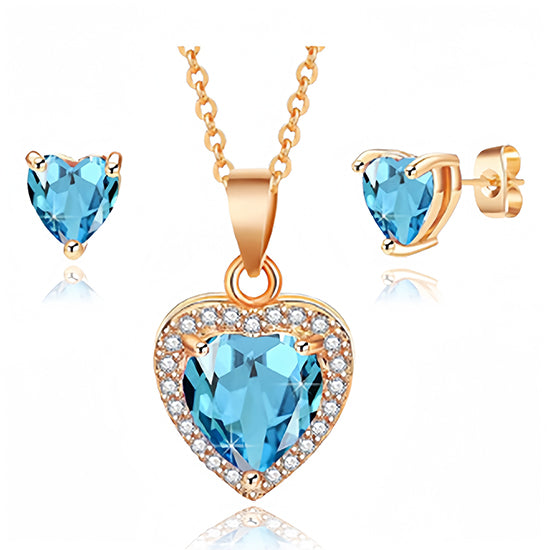 Austrian Crystal Halo Heart Pendant Necklace Earrings for Women 14K Gold Plated Hypoallergenic Jewelry Set