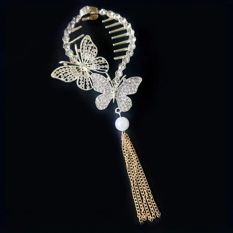 1pc Zinc Alloy New Rhinestone Butterfly Tassel Hair Clip Hair Accessories, Ideal choice for Gifts