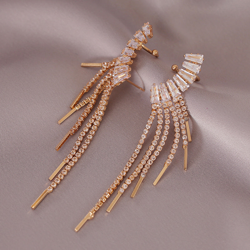 Elegant Zircon Tassel Earrings for Women 14K Gold Plated Ear Clip Jewelry