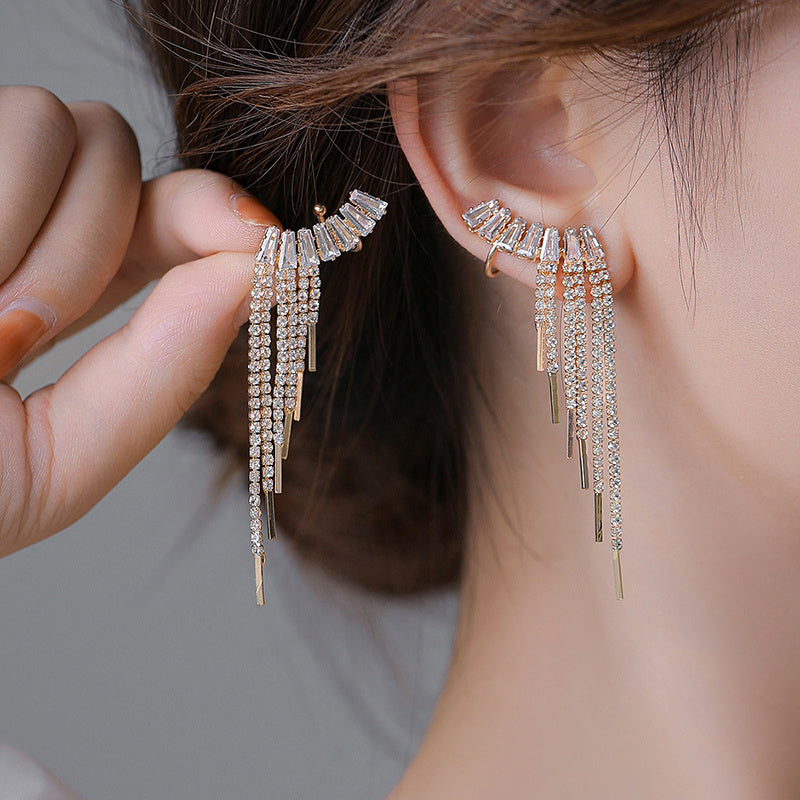 Elegant Zircon Tassel Earrings for Women 14K Gold Plated Ear Clip Jewelry