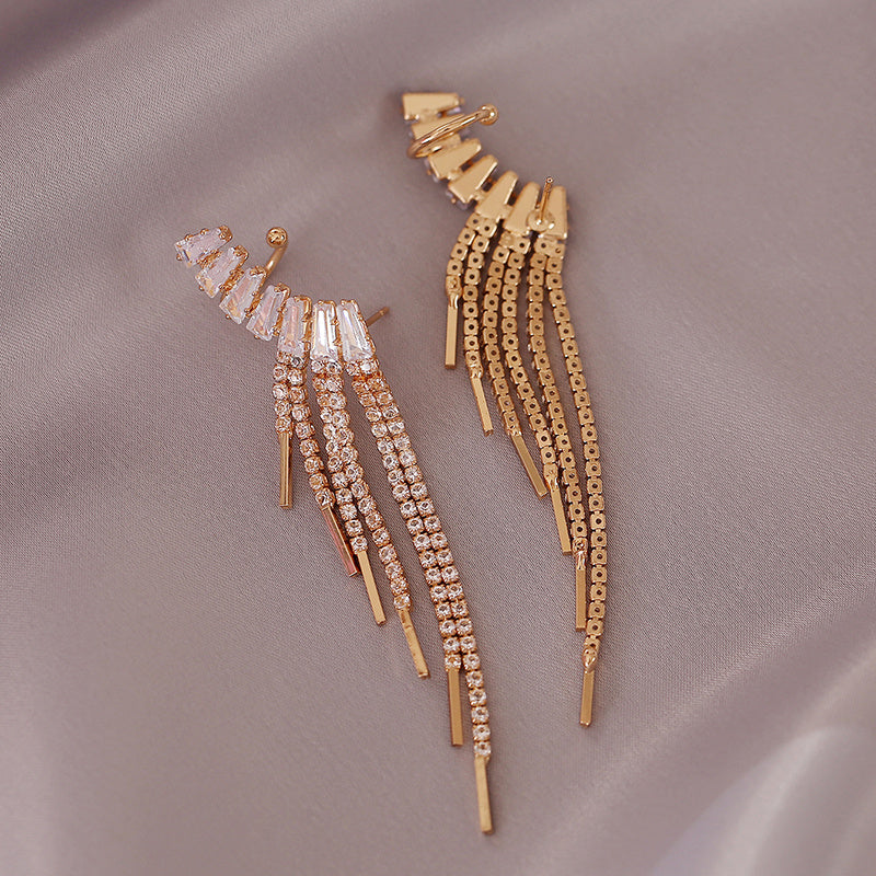 Elegant Zircon Tassel Earrings for Women 14K Gold Plated Ear Clip Jewelry