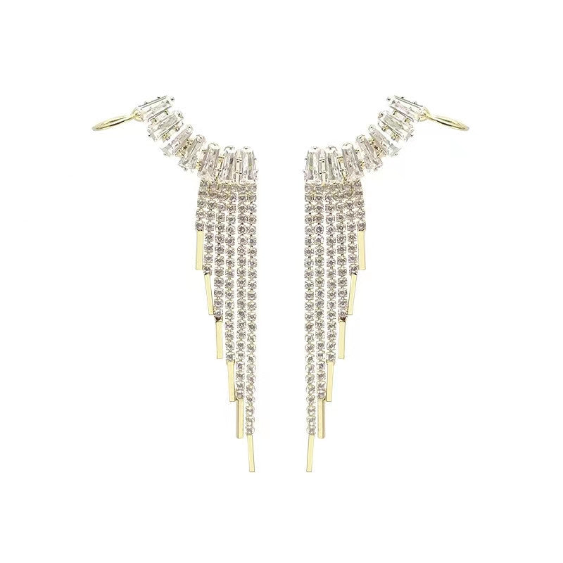 Elegant Zircon Tassel Earrings for Women 14K Gold Plated Ear Clip Jewelry