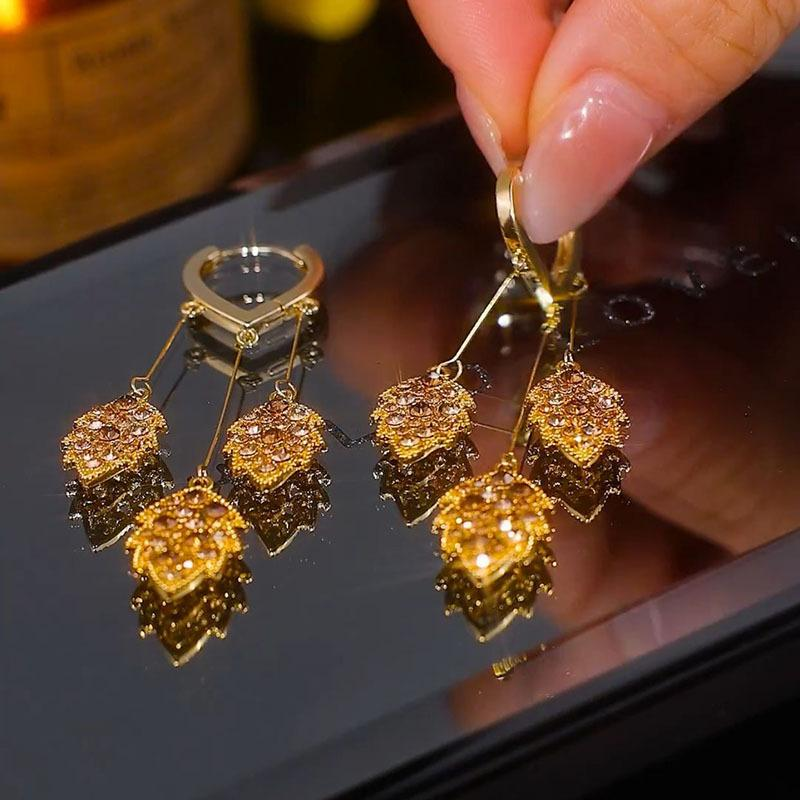 Bling CZ Leaf Drop Tassel Leverback Earrings for Women 14K Gold Plated Jewelry