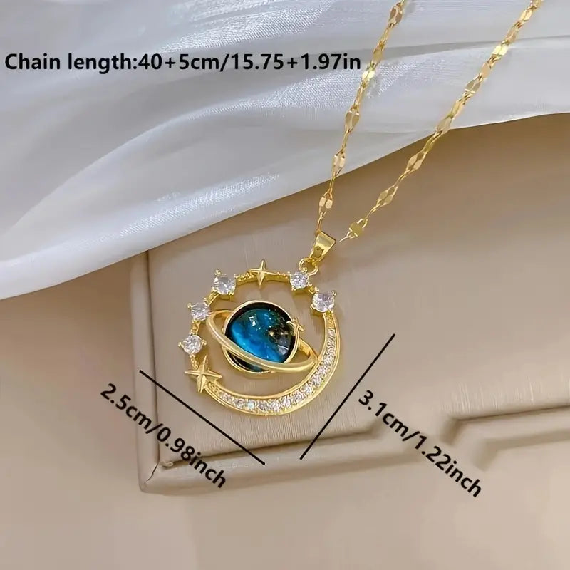 Fashionable And Exquisite Dreamy Planet Series Jewelry, Sparkling Zircon Decoration, Star And Moon Pendant Necklace, Perfect Gift