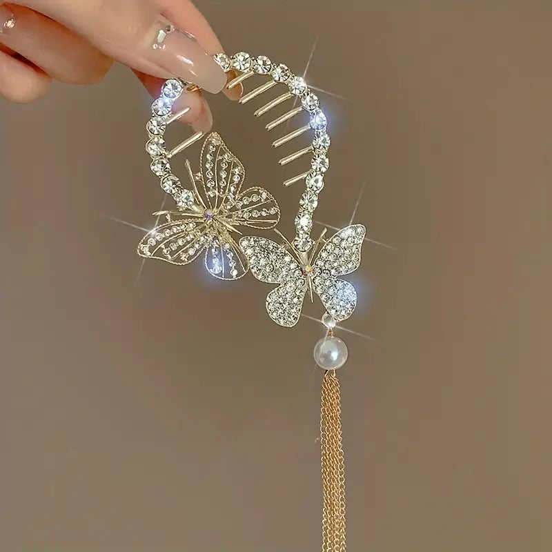 1pc Zinc Alloy New Rhinestone Butterfly Tassel Hair Clip Hair Accessories, Ideal choice for Gifts