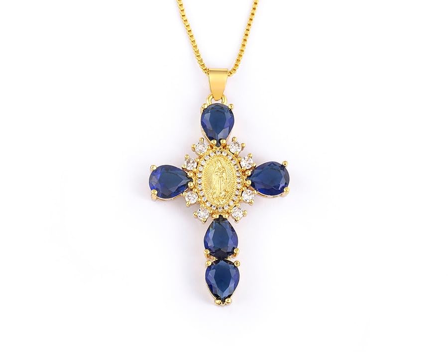 Religious Virgin Mary Cross Cubic Zirconia Pendant Necklaces for Women