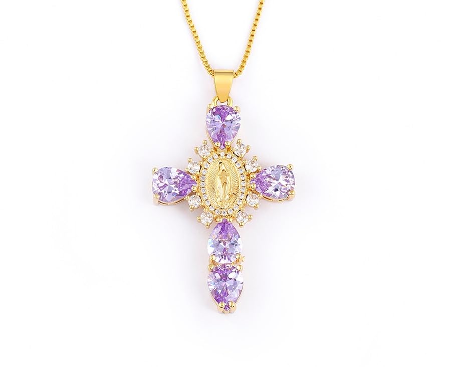 Religious Virgin Mary Cross Cubic Zirconia Pendant Necklaces for Women