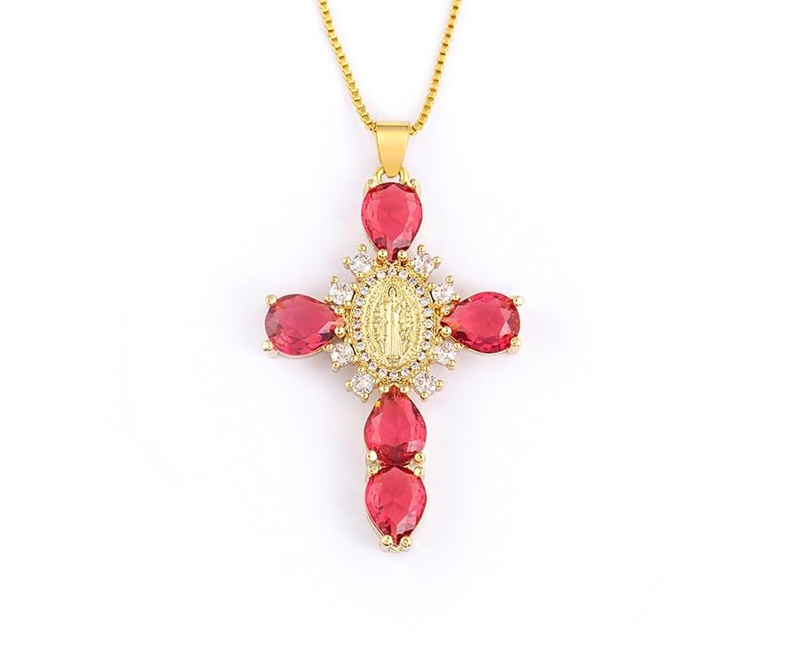 Religious Virgin Mary Cross Cubic Zirconia Pendant Necklaces for Women