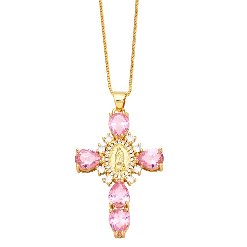 Religious Virgin Mary Cross Cubic Zirconia Pendant Necklaces for Women