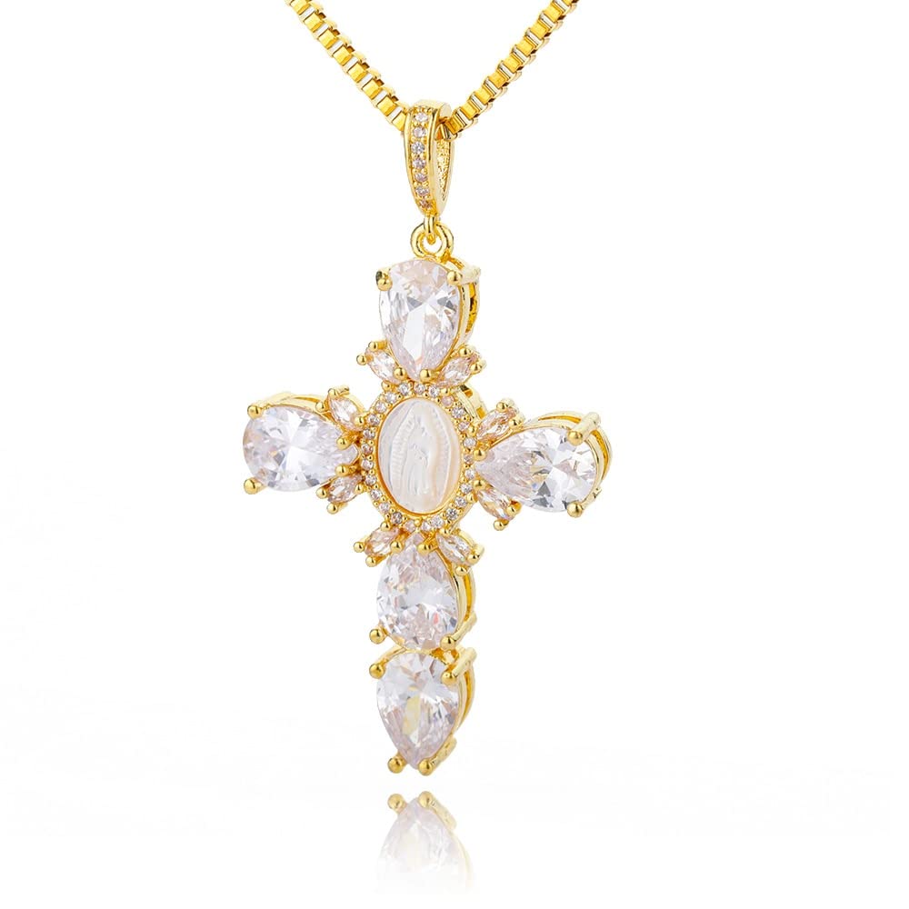 Religious Virgin Mary Cross Cubic Zirconia Pendant Necklaces for Women
