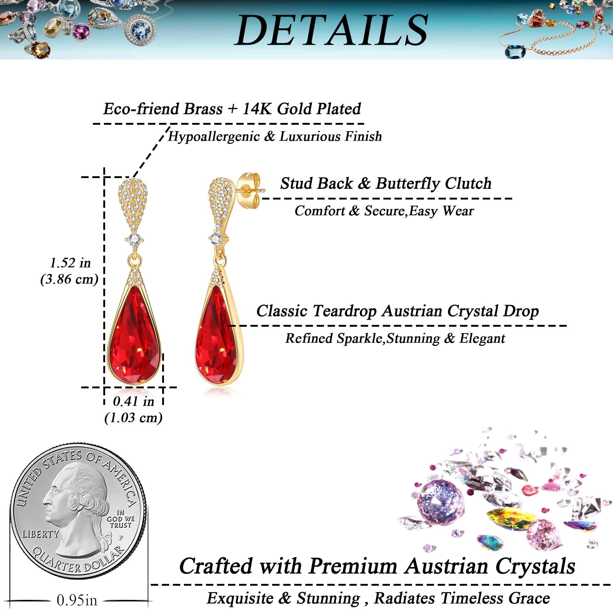 Austrian Crystal Teardrop Dangle Drop Earrings for Women 14K Gold Plated Hypoallergenic Jewelry Gift