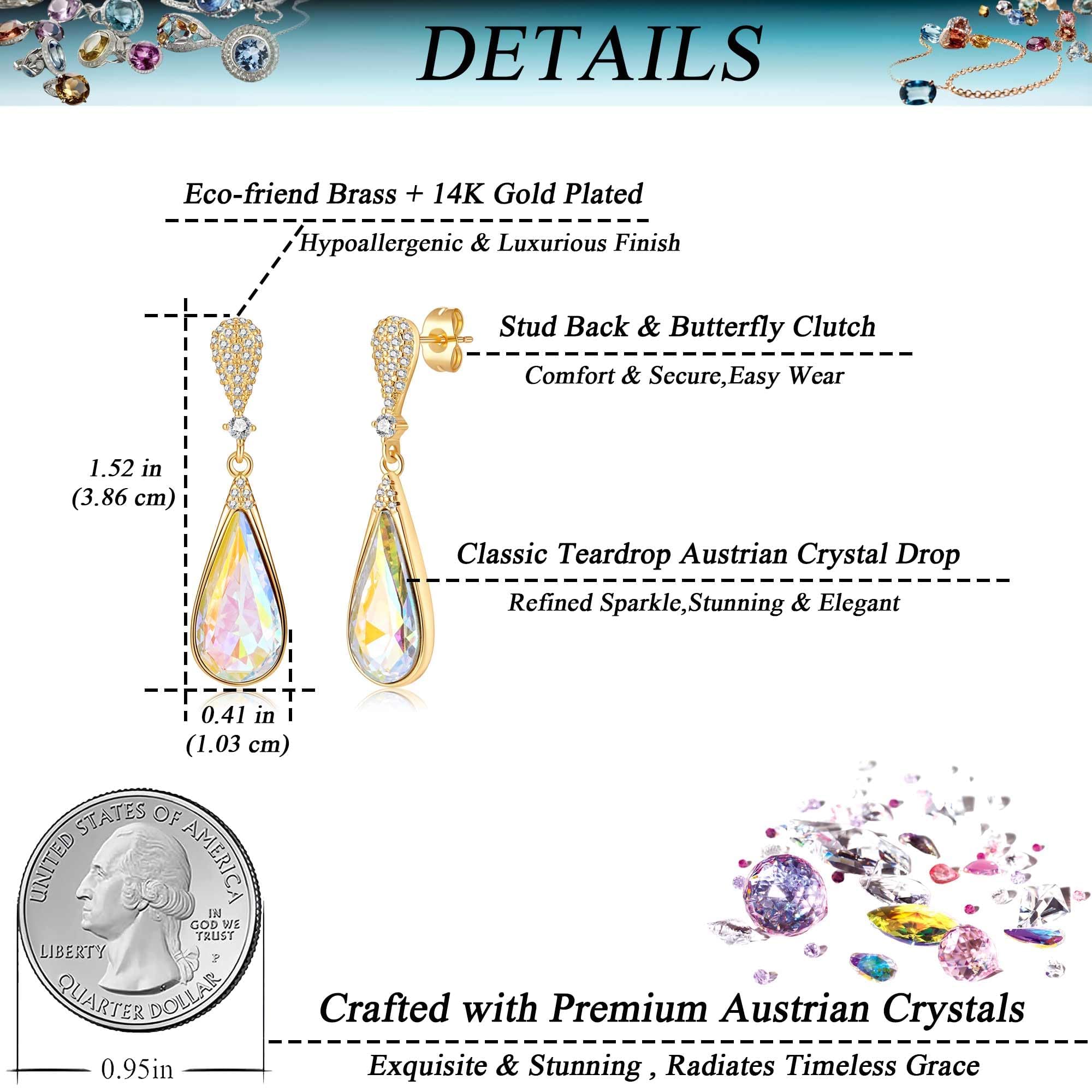 Austrian Crystal Teardrop Dangle Drop Earrings for Women 14K Gold Plated Hypoallergenic Jewelry Gift