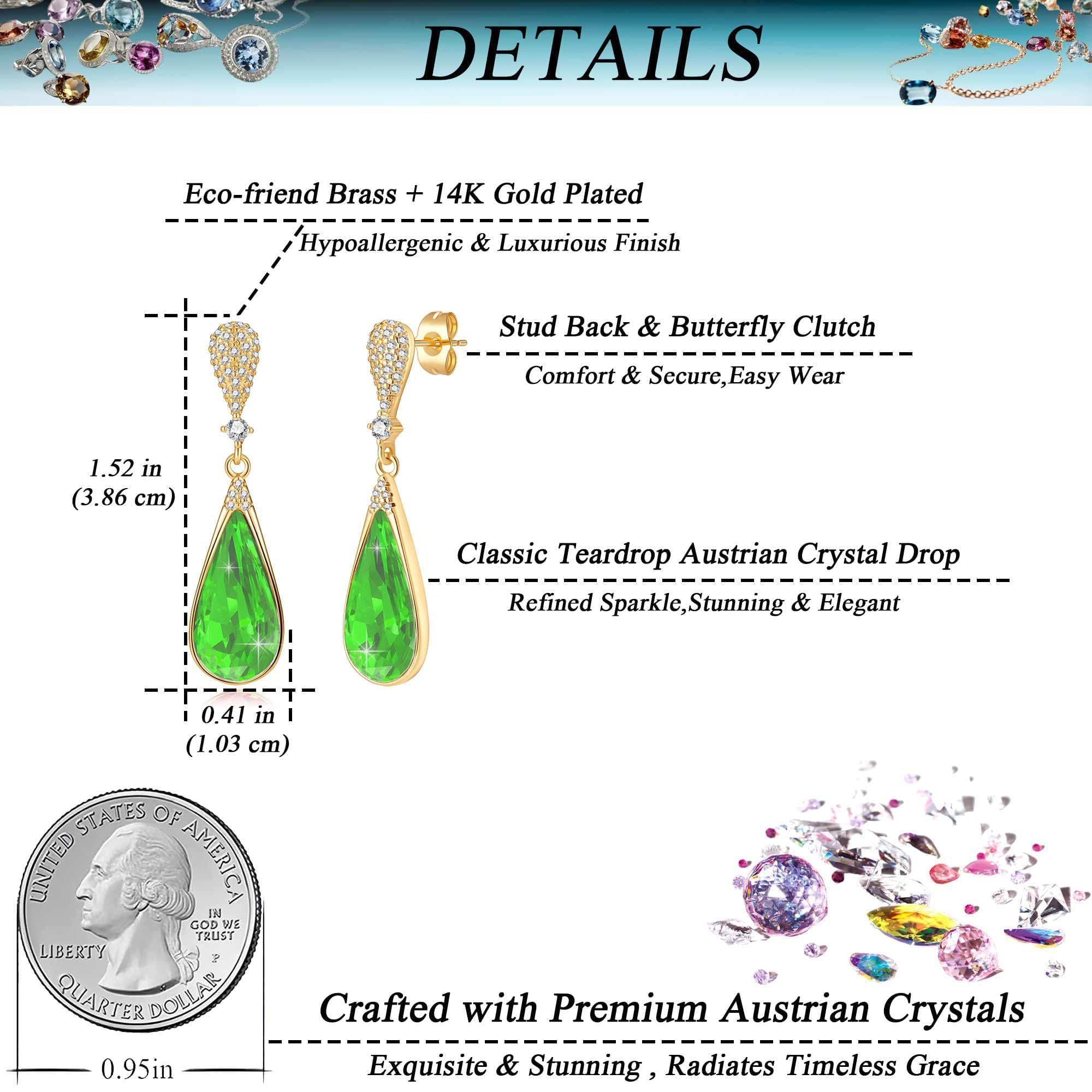 Austrian Crystal Teardrop Dangle Drop Earrings for Women 14K Gold Plated Hypoallergenic Jewelry Gift