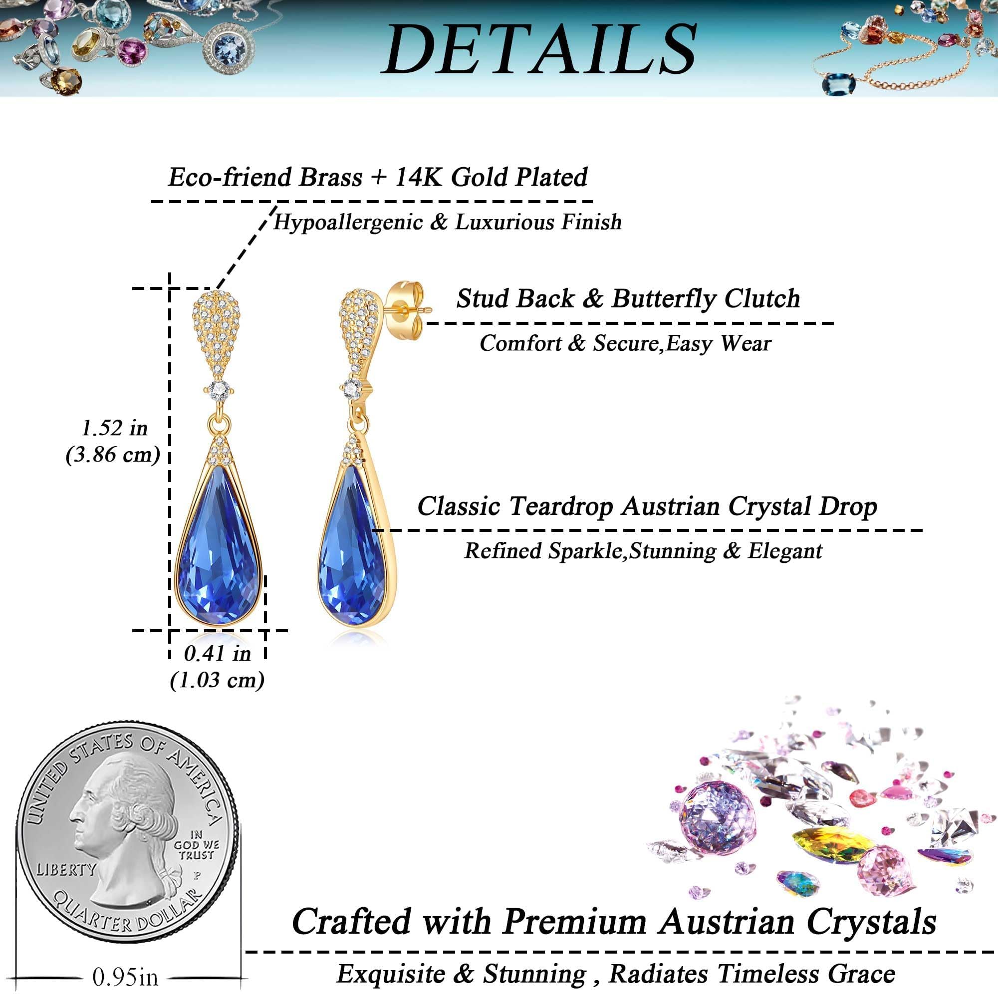 Austrian Crystal Teardrop Dangle Drop Earrings for Women 14K Gold Plated Hypoallergenic Jewelry Gift