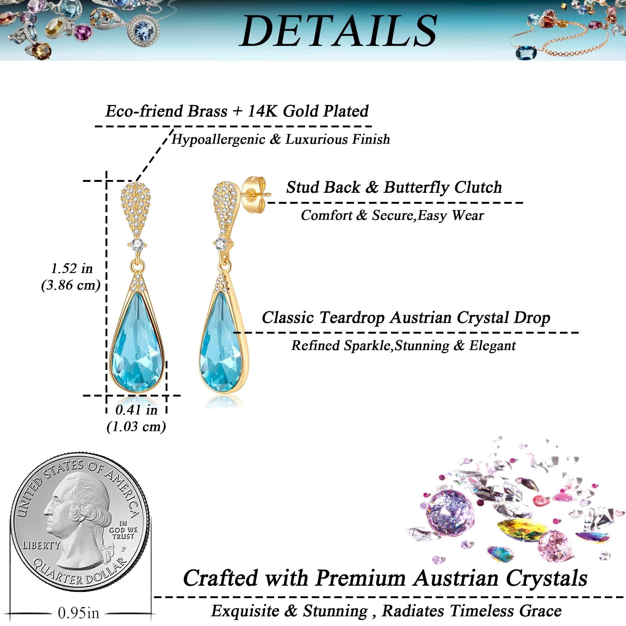 Austrian Crystal Teardrop Dangle Drop Earrings for Women 14K Gold Plated Hypoallergenic Jewelry Gift