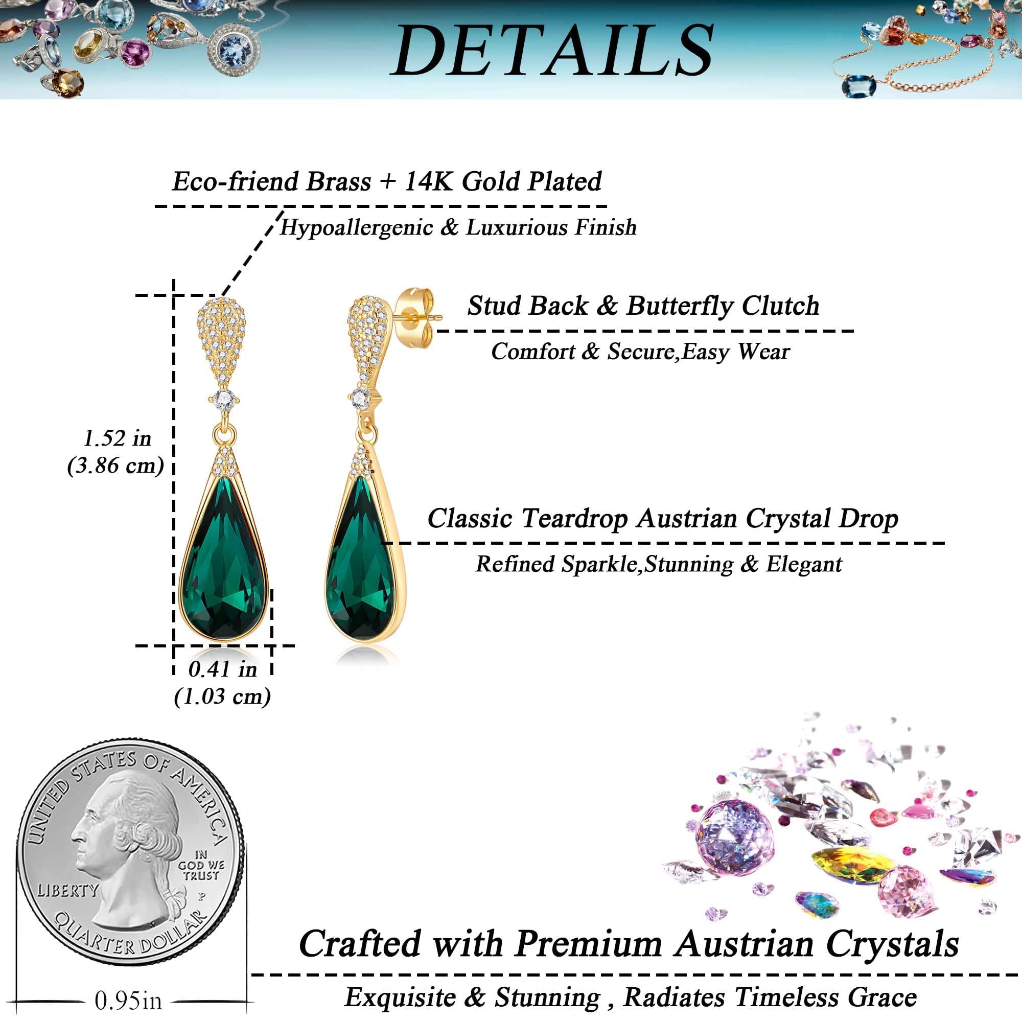 Austrian Crystal Teardrop Dangle Drop Earrings for Women 14K Gold Plated Hypoallergenic Jewelry Gift